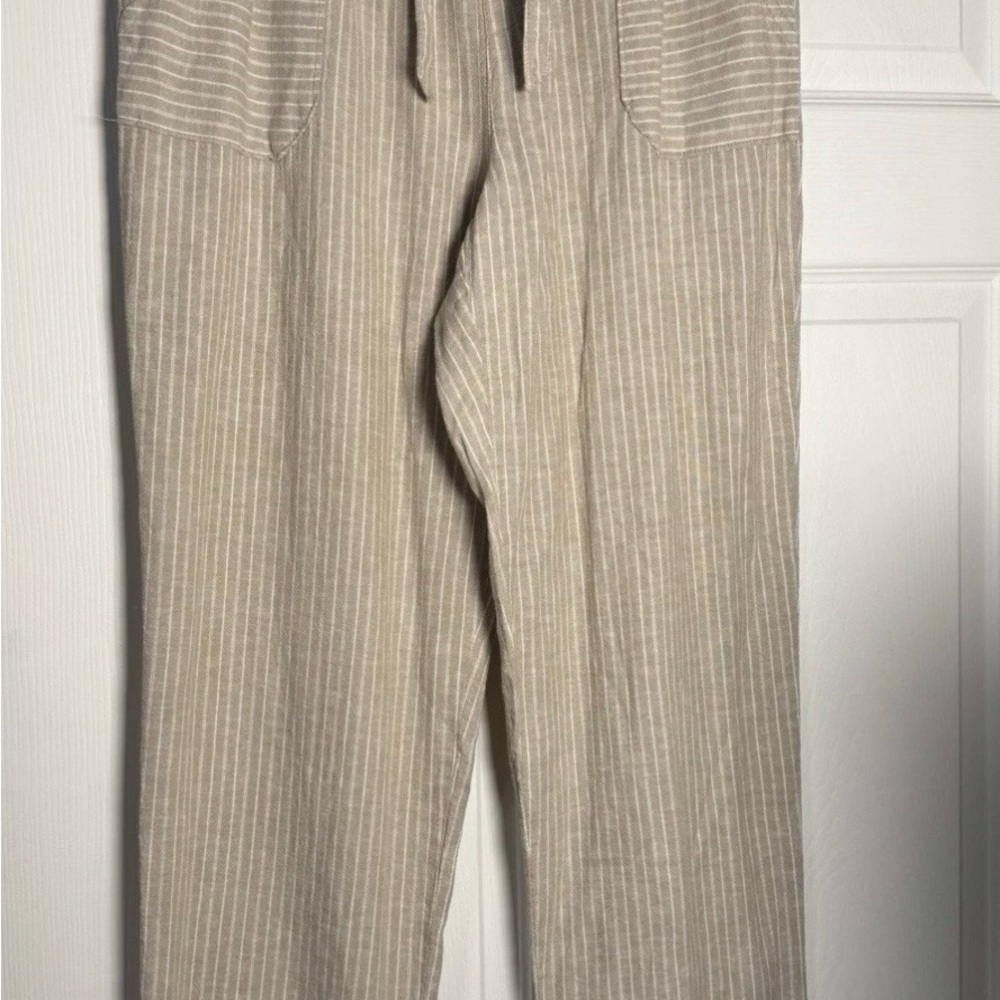 Women’s Striped Pants drawstring size L tan & white linen & rayon